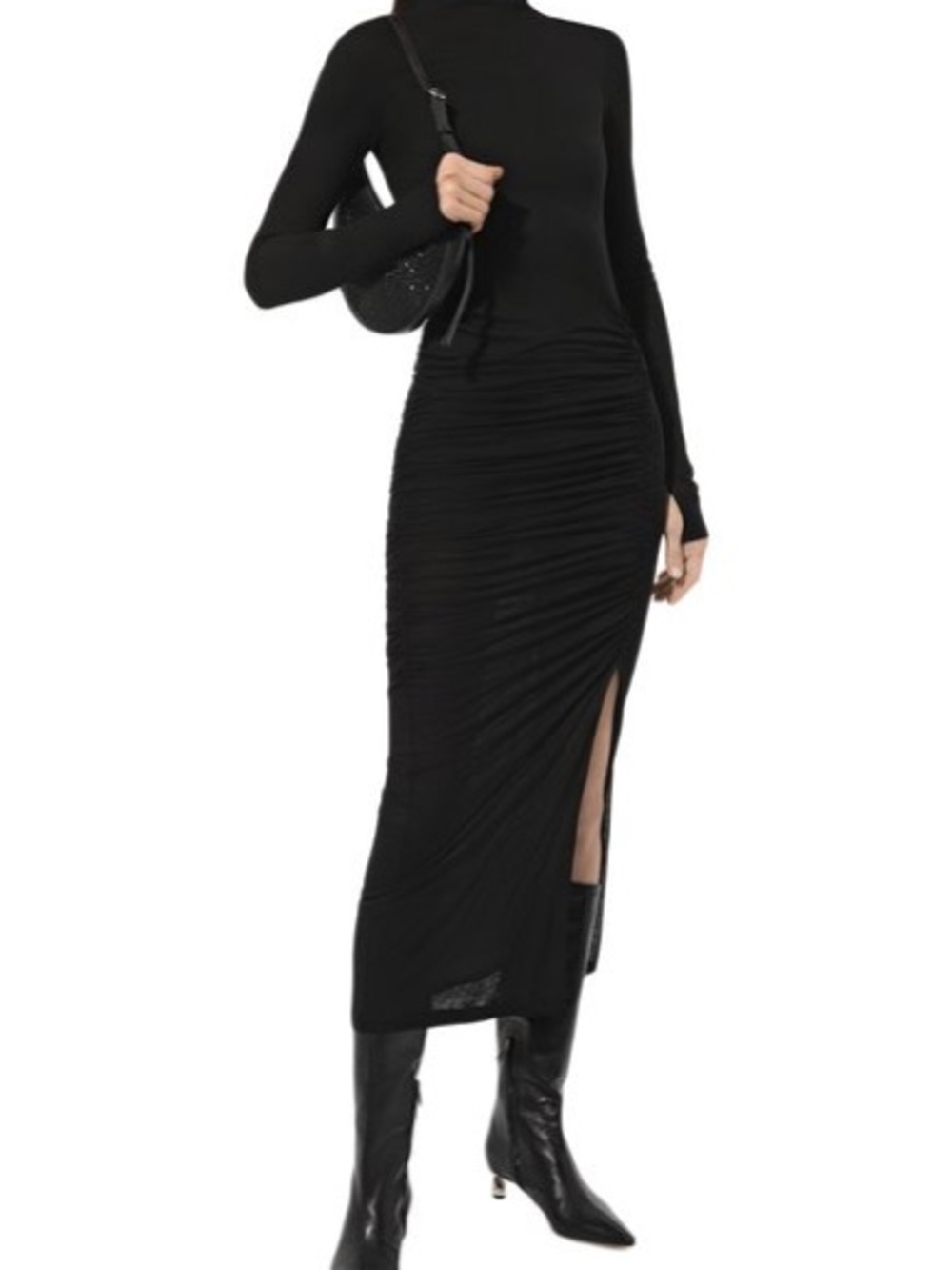 Helmut Lang Black Long-Sleeve ribbed and Ruched Maxi Dress